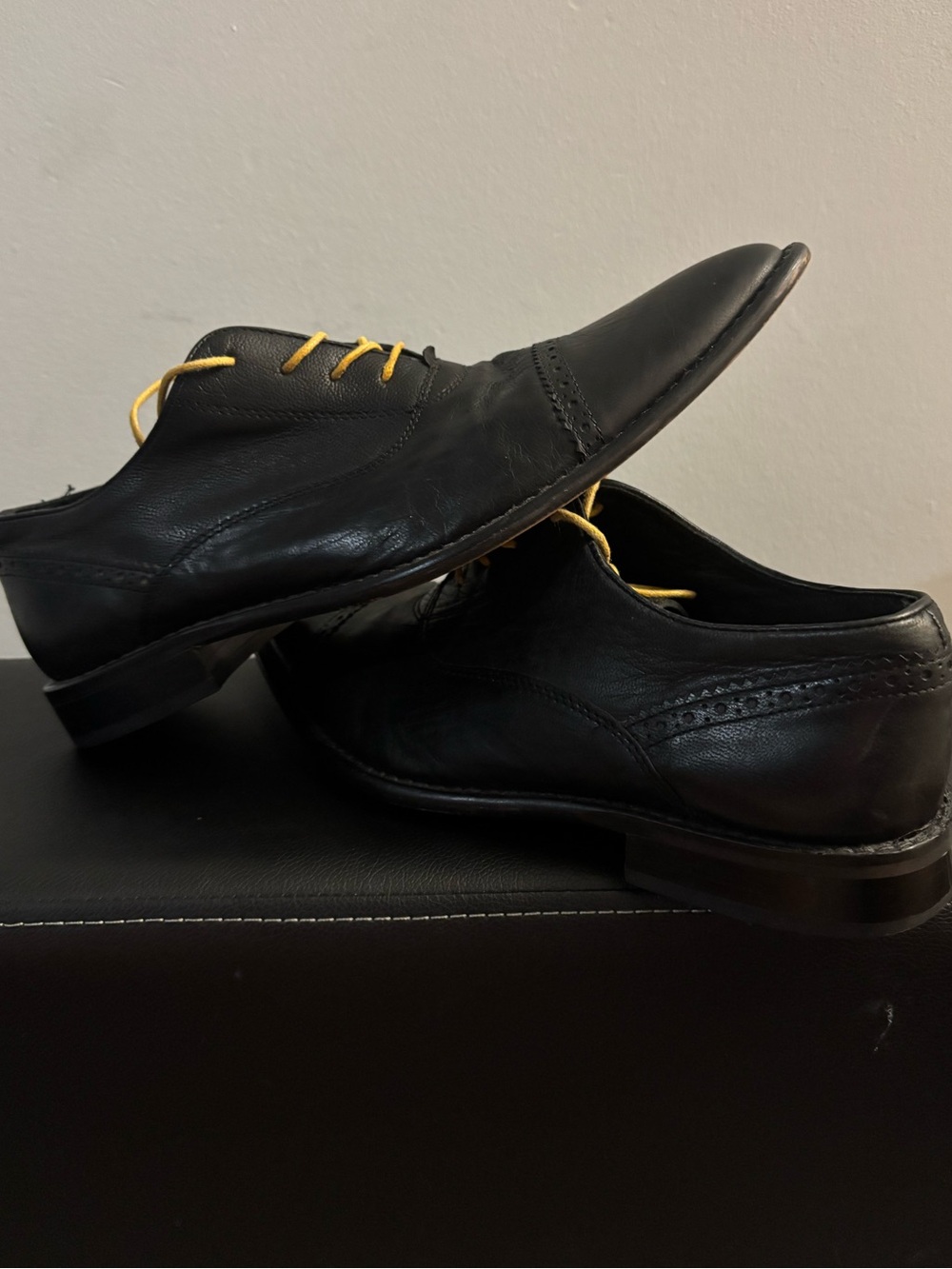 Kenneth Cole Black Leather Oxfords with Yellow Laces